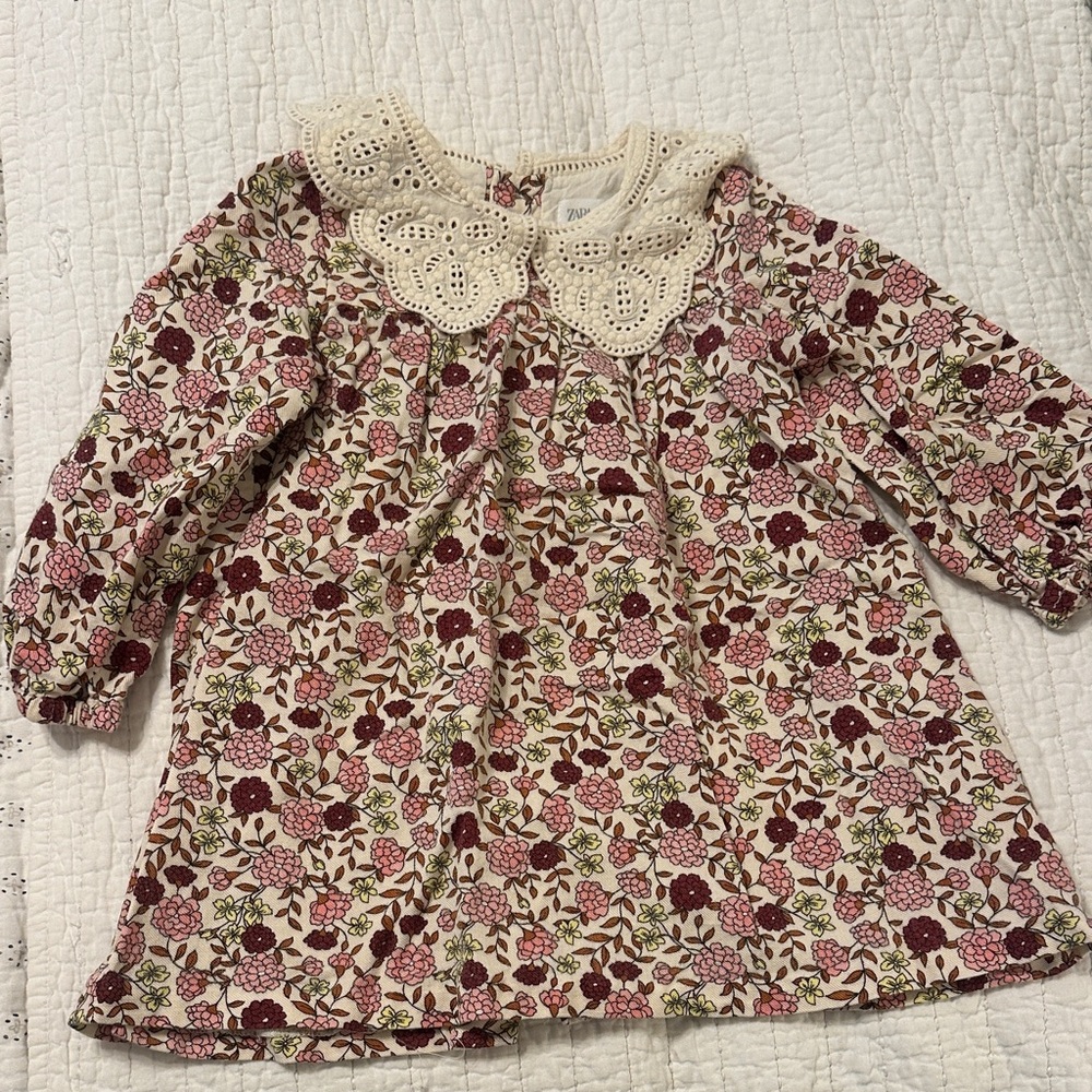Zara Pink Floral Long-Sleeve Dress with Lace Collar